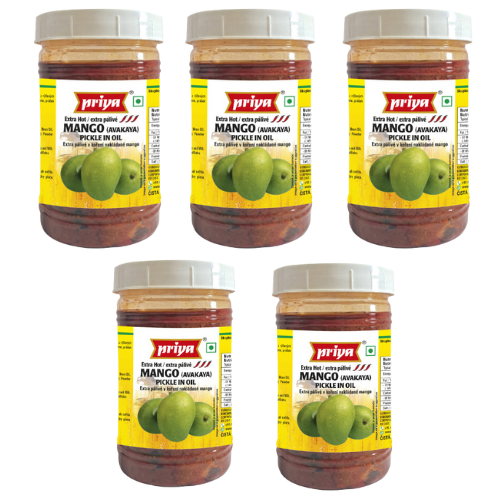 Priya Mango Avakaya Pickle (Extra Hot) Without Garlic - PET JAR (Bundle of 5 x 300g)