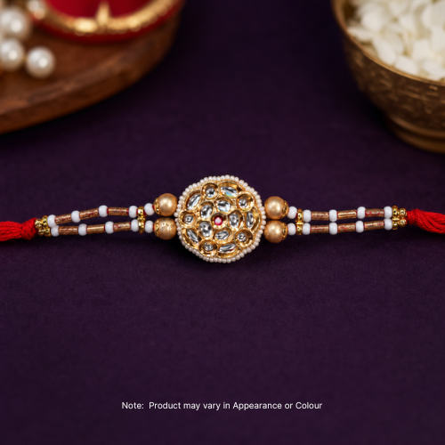 Round Kundan Pearl Beaded Rakhi (1pc)